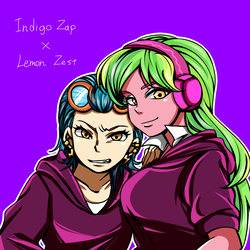 Size: 1000x1000 | Tagged: safe, artist:raika0306, indigo zap, lemon zest, equestria girls, g4, bust, clothes, ear piercing, earring, eyeshadow, female, goggles, headphones, hoodie, jewelry, lesbian, looking at you, makeup, piercing, purple background, ship:lemonzap, shipping, simple background, smiling