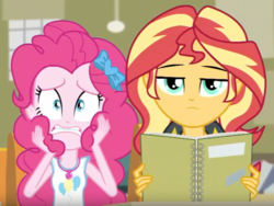 Size: 1430x1073 | Tagged: safe, screencap, pinkie pie, sunset shimmer, equestria girls, equestria girls series, g4, the finals countdown, freakout, notebook