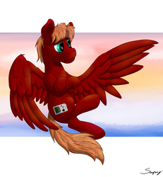 Size: 1846x2000 | Tagged: safe, artist:saxpony, oc, oc only, oc:score chaser, pegasus, pony, flying, male, relaxed, stallion, sunset