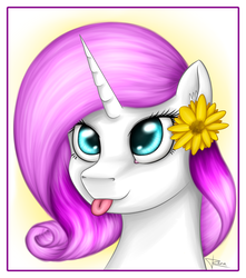 Size: 1500x1700 | Tagged: safe, artist:puggie, oc, oc only, pony, unicorn, bust, flower, flower in hair, portrait, silly, silly pony, smiling, solo, tongue out