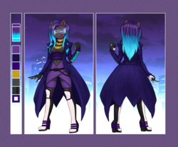 Size: 4856x4000 | Tagged: safe, artist:wildpaper, oc, oc only, oc:dawn sentry, bat pony, anthro, bodysuit, boots, clothes, cyberpunk, dyed mane, reference sheet, shoes, solo, trenchcoat, visor