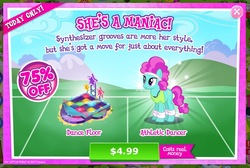 Size: 952x639 | Tagged: safe, gameloft, flashdancer, earth pony, pony, g4, advertisement, athletic dancer, background pony, costs real money, crack is cheaper, female, greedloft, introduction card, maniac, mare, michael sembello, song reference