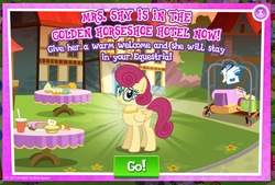 Size: 948x639 | Tagged: safe, gameloft, posey shy, g4, advertisement, female, golden horseshoe hotel, smiling, solo