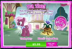 Size: 941x639 | Tagged: safe, gameloft, jasmine leaf, earth pony, pony, g4, advertisement, costs real money, crack is cheaper, female, flower, greedloft, introduction card, mare, plant, tentabloom