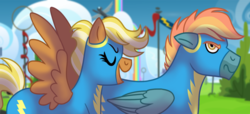 Size: 1024x467 | Tagged: safe, artist:cascayd, oc, oc only, oc:solar ray, oc:stormbolt, pegasus, pony, clothes, offspring, parent:dumbbell, parent:lightning dust, parent:rainbow dash, parent:zephyr breeze, parents:lightningbell, parents:zephdash, story included, uniform, wonderbolts uniform