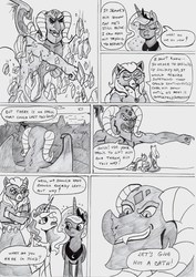 Size: 1654x2338 | Tagged: safe, artist:kuroneko, derpibooru exclusive, catrina, dragon lord torch, princess celestia, princess luna, alicorn, dragon, pony, g1, g4, comic, grayscale, monochrome, traditional art