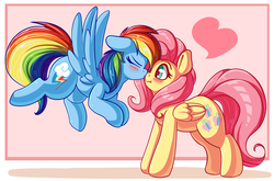 Size: 3750x2470 | Tagged: safe, artist:graphene, fluttershy, rainbow dash, pegasus, pony, g4, backwards cutie mark, blushing, cute, duo, duo female, embarrassed, eyes closed, female, floppy ears, flying, folded wings, heart, high res, kissing, lesbian, mare, ship:flutterdash, shipping, spread wings, wings