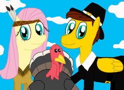 Size: 3090x2238 | Tagged: safe, artist:sb1991, fluttershy, oc, oc:film reel, pony, turkey, g4, clothes, costume, fluttersquaw, high res, holiday, looking at you, native american, pilgrim, thanksgiving