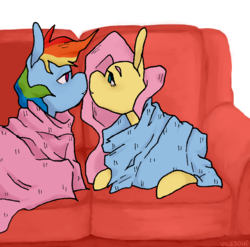 Size: 717x709 | Tagged: safe, artist:vilesoup, fluttershy, rainbow dash, pegasus, pony, g4, blanket, comfy, couch, eye contact, eyebrows, female, imminent kissing, kissy face, lesbian, lidded eyes, looking at each other, profile, ship:flutterdash, shipping