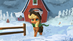 Size: 5760x3240 | Tagged: dead source, safe, artist:hierozaki, apple bloom, applejack, earth pony, pony, g4, barn, clothes, cowboy hat, female, filly, freckles, hat, mare, open mouth, scarf, snow, stetson, sweet apple acres, winter