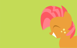 Size: 1632x1022 | Tagged: safe, artist:anonymousnekodos, babs seed, earth pony, pony, g4, bust, eyes closed, female, filly, foal, green background, grin, lineless, minimalist, modern art, portrait, simple background, smiling, solo, wallpaper