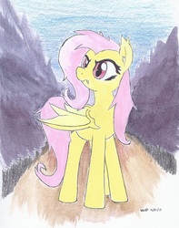 Size: 786x996 | Tagged: safe, artist:astevenamedwolf, fluttershy, bat pony, pony, g4, bat wings, ear fluff, fangs, female, flutterbat, looking away, race swap, red eyes, solo, standing, traditional art, turned head, wings