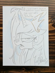 Size: 3036x4048 | Tagged: safe, artist:andypriceart, philomena, princess celestia, phoenix, pony, g4, annoyed, black and white, duo, female, grayscale, lineart, mare, monochrome, traditional art