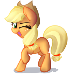 Size: 1000x1000 | Tagged: safe, artist:lbrcloud, applejack, earth pony, pony, g4, applejack's hat, cowboy hat, female, freckles, hat, looking at you, mare, missing cutie mark, one eye closed, open mouth, raised hoof, simple background, smiling, solo, standing, white background, wink