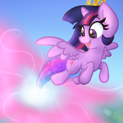 Size: 1000x1000 | Tagged: safe, artist:lbrcloud, twilight sparkle, alicorn, pony, g4, female, flying, jewelry, looking back, mare, open mouth, regalia, smiling, solo, spread wings, twilight sparkle (alicorn), wings