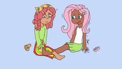 Size: 4160x2340 | Tagged: safe, artist:calibykitty, artist:icicle-niceicle-1517, fluttershy, tree hugger, human, equestria girls, g4, barefoot, blue background, clothes, colored, dark skin, feather, feet, female, fetish, flats, foot fetish, humanized, lesbian, sandals, ship:flutterhugger, shipping, simple background, skirt, tank top, tickling