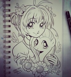 Size: 1080x1164 | Tagged: safe, artist:brenda hickey, fluttershy, pegasus, pony, g4, cardcaptor sakura, crossover, cute, duo, female, flower, ink drawing, mare, monochrome, sakura kinomoto, traditional art