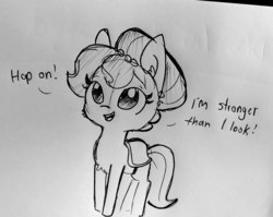 Size: 1594x1267 | Tagged: safe, artist:tjpones, oc, oc only, oc:brownie bun, earth pony, pony, horse wife, black and white, chest fluff, cute, dialogue, ear fluff, female, grayscale, mare, monochrome, ocbetes, open mouth, saddle, smiling, solo, tack, traditional art
