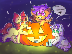 Size: 1024x768 | Tagged: safe, artist:jackytheripperart, apple bloom, scootaloo, sweetie belle, earth pony, pegasus, pony, unicorn, g4, candle, cutie mark crusaders, female, filly, halloween, holiday, jack-o-lantern, pumpkin, smiling, speech bubble, trio