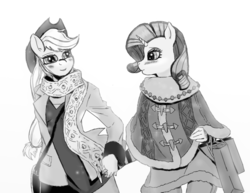 Size: 900x696 | Tagged: safe, artist:eulicious, applejack, rarity, anthro, g4, blushing, clothes, female, holding hands, lesbian, looking at each other, monochrome, ship:rarijack, shipping