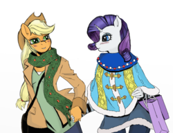 Size: 900x696 | Tagged: safe, artist:eulicious, applejack, rarity, anthro, g4, blushing, clothes, female, holding hands, lesbian, looking at each other, ship:rarijack, shipping