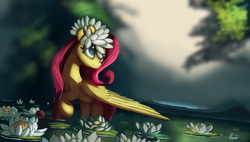 Size: 4438x2520 | Tagged: safe, artist:auroriia, fluttershy, pegasus, pony, g4, cute, female, flower, flower in hair, looking up, mare, outdoors, raised hoof, scenery, shyabetes, signature, smiling, solo, standing, water