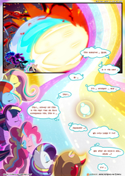 Size: 3500x4950 | Tagged: safe, artist:light262, artist:lummh, applejack, fluttershy, nightmare moon, pinkie pie, princess celestia, princess luna, rainbow dash, rarity, twilight sparkle, oc, oc:princess tempora, alicorn, earth pony, pegasus, pony, unicorn, comic:timey wimey, g4, absurd resolution, beam struggle, bow, clothes, comic, cowboy hat, dialogue, eyes closed, female, hat, magic, mane six, mare, orb, patreon, patreon logo, rainbow power, royal sisters, self paradox, self ponidox, stetson, twilight sparkle (alicorn)