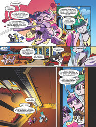 Size: 768x1024 | Tagged: safe, artist:andypriceart, idw, official comic, princess cadance, princess celestia, raven, twilight sparkle, alicorn, bat pony, pony, unicorn, g4, spoiler:comic, spoiler:comic61, aunt and niece, butt bump, butt to butt, butt touch, cheek kiss, comic, female, heart, hug, kissing, mare, platonic kiss, preview, royal guard, sisters-in-law, speech bubble, sunshine sunshine, twilight sparkle (alicorn)