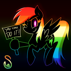 Size: 1400x1400 | Tagged: safe, artist:quarium, rainbow dash, pegasus, pony, g4, black background, female, hoof hold, looking at you, mare, motivational, multicolored hair, one eye closed, positive ponies, sign, simple background, smiling, solo, wink