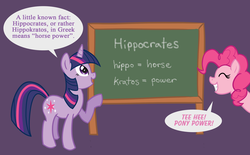 Size: 800x495 | Tagged: safe, artist:starlight-gaze, hippocrates, pinkie pie, twilight sparkle, g4, chalkboard, comic, dialogue, smiling