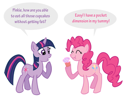 Size: 772x596 | Tagged: safe, artist:starlight-gaze, pinkie pie, twilight sparkle, earth pony, pony, unicorn, g4, comic, cupcake, dialogue, duo, eating, female, food, mare, pocket dimension, simple background, unicorn twilight, white background