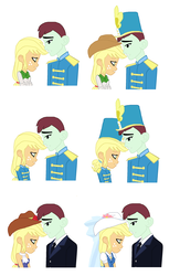 Size: 1953x2993 | Tagged: safe, artist:haleyc4629, applejack, cranberry mint, fanfic:marching wondercolts, g4, background human, base used, fall formal, fanfic, fanfic art, female, male, marching band uniform, marriage, mintjack, romance, shipping, straight, wedding