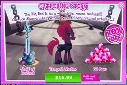 Size: 938x626 | Tagged: safe, gameloft, fizzlepop berrytwist, tempest shadow, g4, my little pony: the movie, advertisement, broken horn, costs real money, crack is cheaper, female, gathering storm, greed, greedloft, horn, introduction card, pretty pretty tempest, solo, staff, staff of sacanas