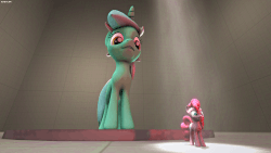 Size: 1280x720 | Tagged: source needed, safe, artist:fishimira, lyra heartstrings, pinkie pie, earth pony, pony, unicorn, g4, 3d, animated, awesome, eaten alive, female, gif, lyrapred, micro, nightmare fuel, pinkie prey, source filmmaker, stage.bsp, tail sticking out, vore