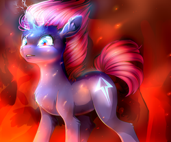 Size: 870x720 | Tagged: safe, artist:aidapone, tempest shadow, pony, g4, my little pony: the movie, broken horn, crying, eye scar, female, fire, horn, mare, scar, solo, sparking horn