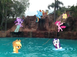 Size: 1018x758 | Tagged: safe, artist:didgereethebrony, applejack, fluttershy, pinkie pie, rainbow dash, rarity, twilight sparkle, alicorn, pony, g4, australia, irl, jamberoo, photo, ponies in real life, swimming, swimming pool, twilight sparkle (alicorn), water park