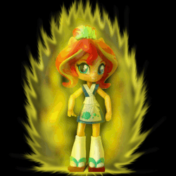 Size: 625x625 | Tagged: safe, artist:whatthehell!?, edit, sunset shimmer, equestria girls, g4, action pose, animated, aura, clothes, doll, dragon ball, dragon ball z, equestria girls minis, irl, outfit, photo, ponied up, sunset sushi, sunshine shimmer, super saiyan, toy