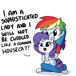 Size: 1650x1650 | Tagged: safe, artist:tjpones, rainbow dash, rarity, pony, unicorn, equestria girls, g4, behaving like a cat, blushing, chest fluff, crossed legs, cute, dashabetes, denial, dialogue, duo, ear fluff, female, holding a pony, i'm not cute, madorable, mare, multicolored hair, non-consensual cuddling, open mouth, pony pet, raribetes, raricat, simple background, tsundere, tsunderity, white background