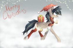 Size: 3000x2000 | Tagged: safe, artist:wacky-skiff, derpibooru exclusive, oc, oc only, oc:updraft, pegasus, pony, blue eyes, candy, candy cane, christmas, christmas lights, clothes, female, food, hat, high res, holiday, lantern, mare, multicolored hair, present, scarf, snow, socks, stars, wings