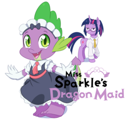 Size: 800x754 | Tagged: safe, artist:dstears, spike, twilight sparkle, dragon, pony, g4, alternate hairstyle, anime, clothes, crossdressing, crossover, cute, female, glasses, gloves, kobayashi, looking at you, maid, miss kobayashi's dragon maid, open mouth, raised hoof, simple background, smiling, spikabetes, tohru, white background