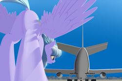 Size: 1500x1000 | Tagged: safe, artist:styroponyworks, cloudchaser, pegasus, pony, g4, butt, dock, female, from behind, from below, giant pony, macro, mare, plane, plot