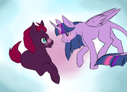 Size: 1024x742 | Tagged: safe, artist:uniquecolorchaos, fizzlepop berrytwist, tempest shadow, twilight sparkle, alicorn, pony, g4, my little pony: the movie, blushing, chest fluff, curved horn, female, horn, lesbian, prone, ship:tempestlight, shipping, smiling, twilight sparkle (alicorn)