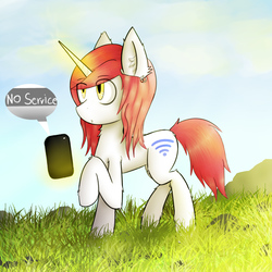 Size: 3024x3024 | Tagged: safe, artist:prism(not colourful), oc, oc only, oc:wifi, pony, unicorn, bright, cloud, ear piercing, earring, female, grass, high res, jewelry, magic, mare, noservice, nosignal, phone, piercing, rock, wi-fi
