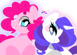 Size: 1280x909 | Tagged: safe, artist:vivian reed, pinkie pie, rarity, earth pony, pony, unicorn, g4, blushing, female, heart, heart eyes, lesbian, lidded eyes, looking at each other, mare, profile, ship:raripie, shipping, smiling, wingding eyes