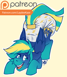 Size: 1000x1150 | Tagged: safe, artist:laydeekaze, oc, oc only, oc:stormy dash, ass up, diaper, face down ass up, male, non-baby in diaper, patreon, patreon logo, poofy diaper, solo