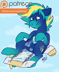 Size: 1000x1217 | Tagged: safe, artist:laydeekaze, oc, oc only, oc:stormy dash, baby powder, diaper, diaper change, featureless crotch, male, non-baby in diaper, patreon, patreon logo, solo