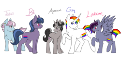 Size: 1024x512 | Tagged: safe, artist:uniquecolorchaos, earth pony, pegasus, pony, unicorn, asexual, asexual pride flag, bisexual pride flag, bisexuality, female, gay, gay pride flag, lesbian, male, mare, ponified, pride, sexuality, simple background, stallion, transgender, transgender pride flag, white background