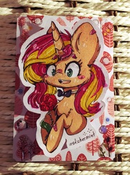 Size: 1947x2610 | Tagged: safe, artist:stickermint, sunset shimmer, pony, unicorn, g4, bowtie, bust, female, flower, photo, postcard, rose, solo, traditional art