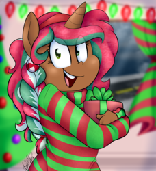Size: 3000x3295 | Tagged: safe, artist:befishproductions, oc, oc only, oc:peppermint, unicorn, anthro, clothes, female, high res, mare, present, solo, sweater