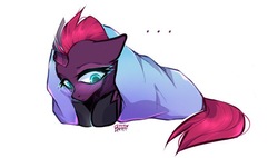Size: 960x545 | Tagged: safe, artist:enjaadjital, tempest shadow, pony, g4, my little pony: the movie, ..., blanket, blushing, broken horn, female, horn, lying down, mare, simple background, solo, white background, wrapped up